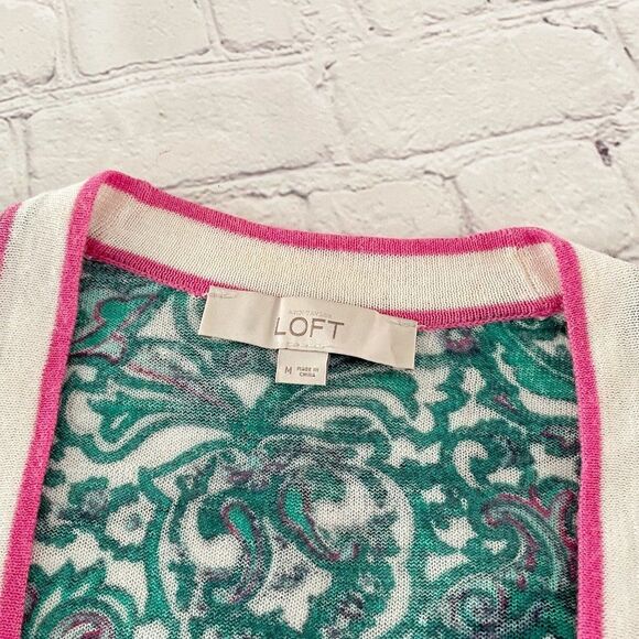 LOFT Green Pink Paisley Ramie V Neck Button Front Sheer Long Sleeve Cardigan M - Picture 6 of 12